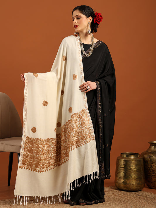 Tweedle Women’s Kashmiri Aari Embroidery Shawl / Stole - Off White, Size - 40 x 80 inches