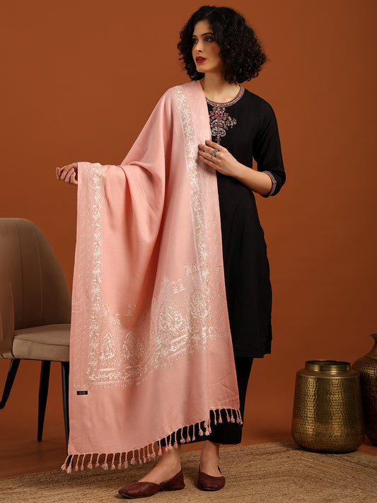 Tweedle Women’s Kashmiri Aari Embroidery Stole/ Scarf - Pink, Size - 28 x 80 inches