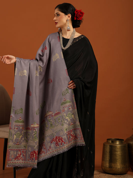 Tweedle Women’s Mahotsav Ethnic Design Zari Shawl, Faux Wool - Grey, Size - 40 x 80 inches