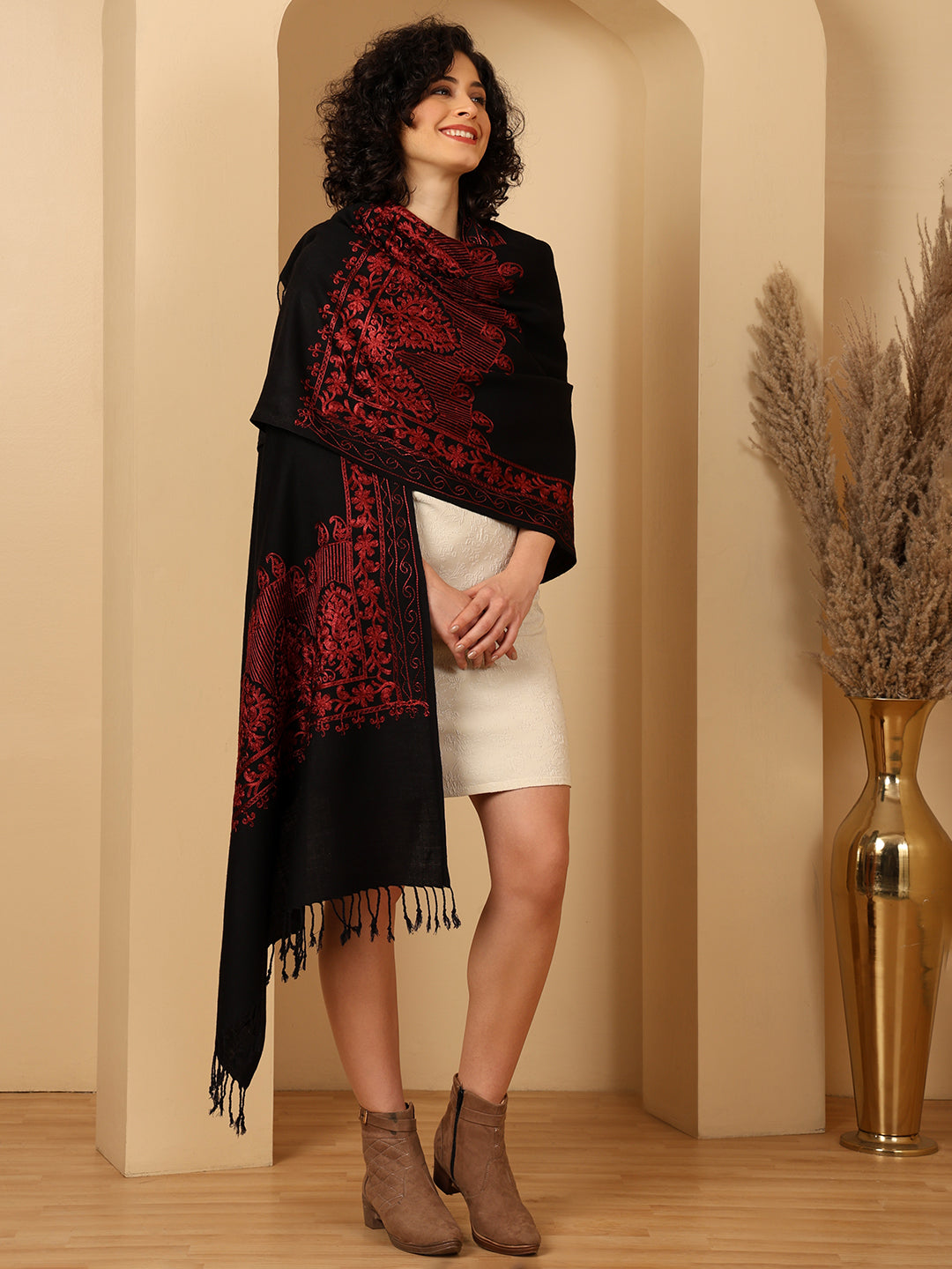 Tweedle Women’s Kashmiri Aari Embroidery Stole/ Scarf - Black, Size - 28 x 80 inches