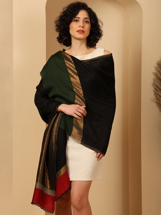 Tweedle Women’s Pashmina Wool Stole with Reversible Double Palla Zari Design - Black