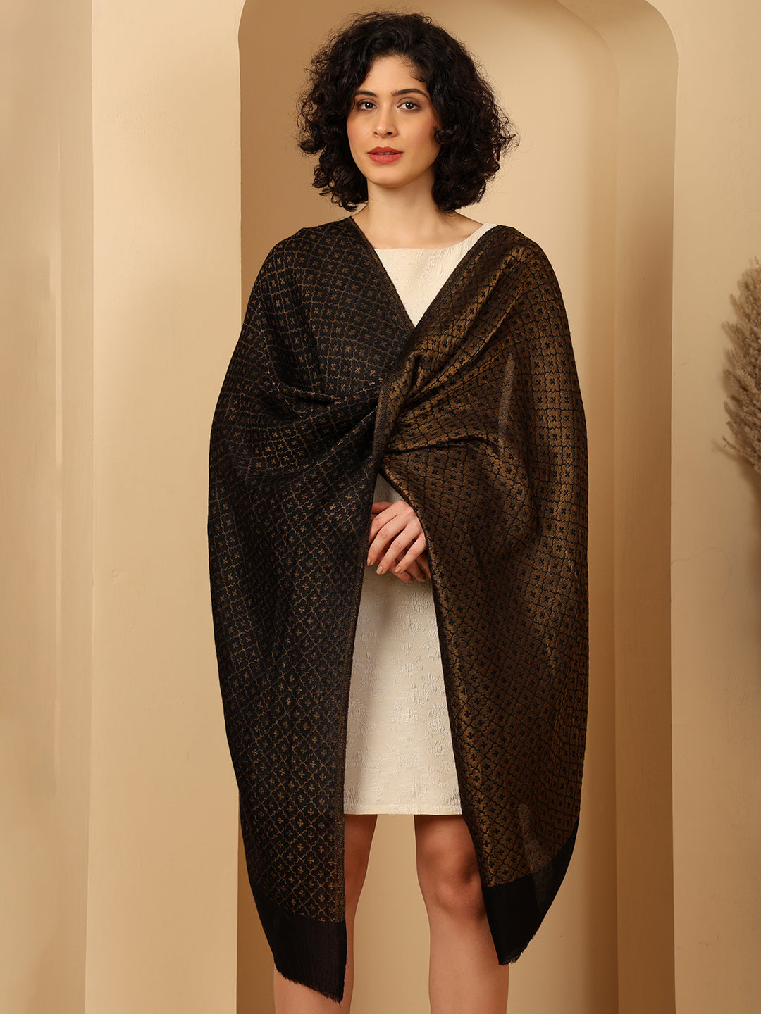 Tweedle Women’s Reversible Pashmina Wool Stole with Floral Zari Weave - Black