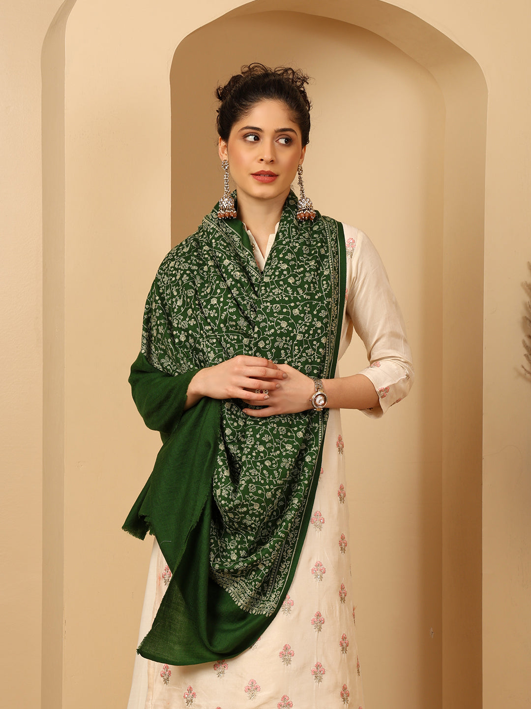 Tweedle Traditional Pure Wool Dupehra Kashmiri Embroidery Shawl for Women - Green