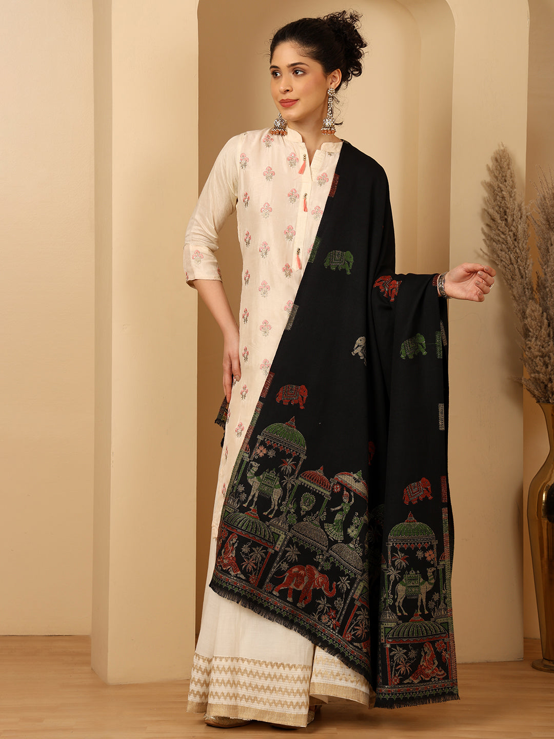 Tweedle Women’s Mahotsav Ethnic Design Zari Shawl, Faux Wool - Black, Size - 40 x 80 inches