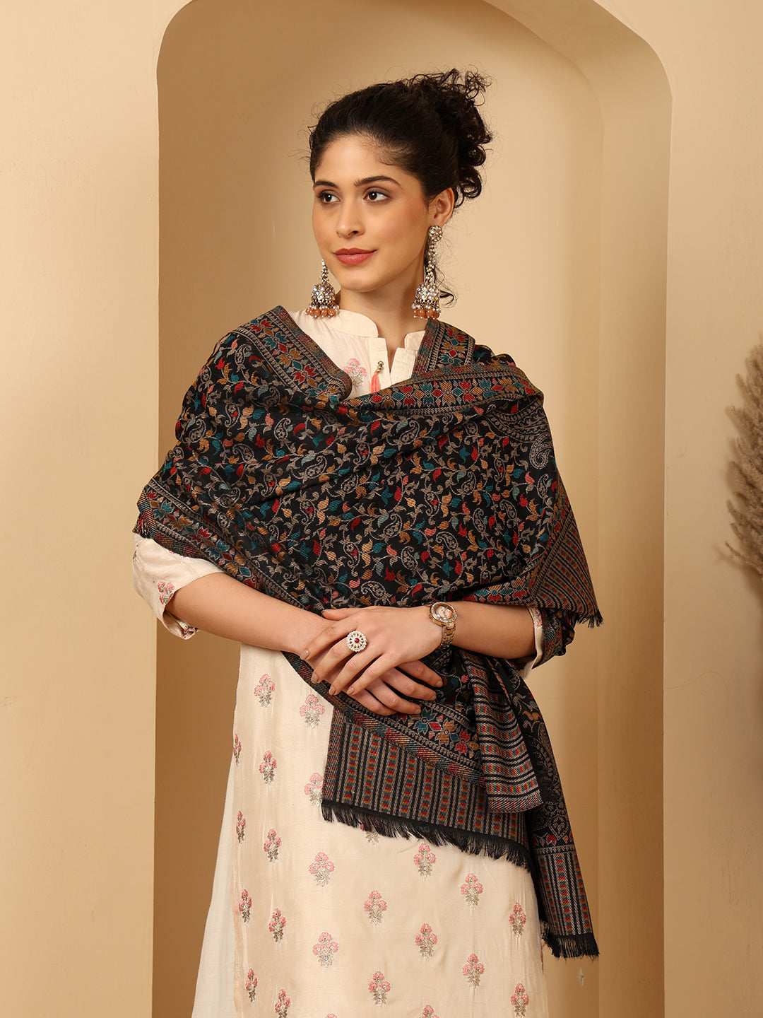 Tweedle Women’s Ethnic Kashmiri Kani Stole/ Scarf- Black, Size - 28 x 80 inches