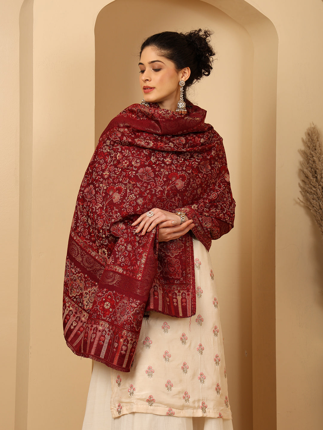 Tweedle Women’s Naira Kani Design and Zari Border - Maroon, Size - 40 x 80 inches
