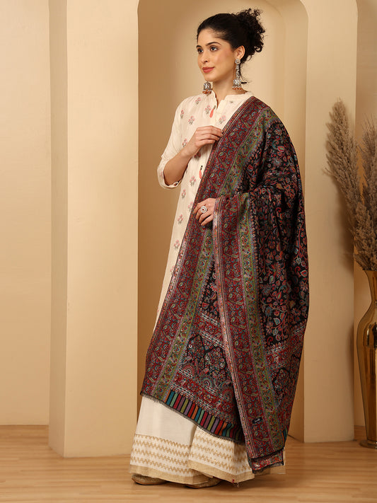 Tweedle Women’s Regalia Silk Moda, Zari Weave, Kashmiri Kani Shawl – Black