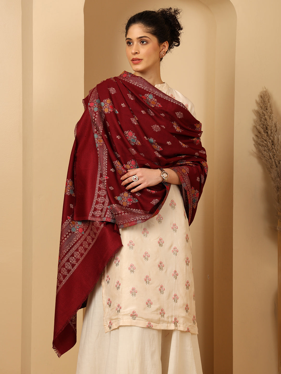 Tweedle Women’s Ethnic Design Faux Wool Shawl - Maroon, Size - 40 x 80 inches