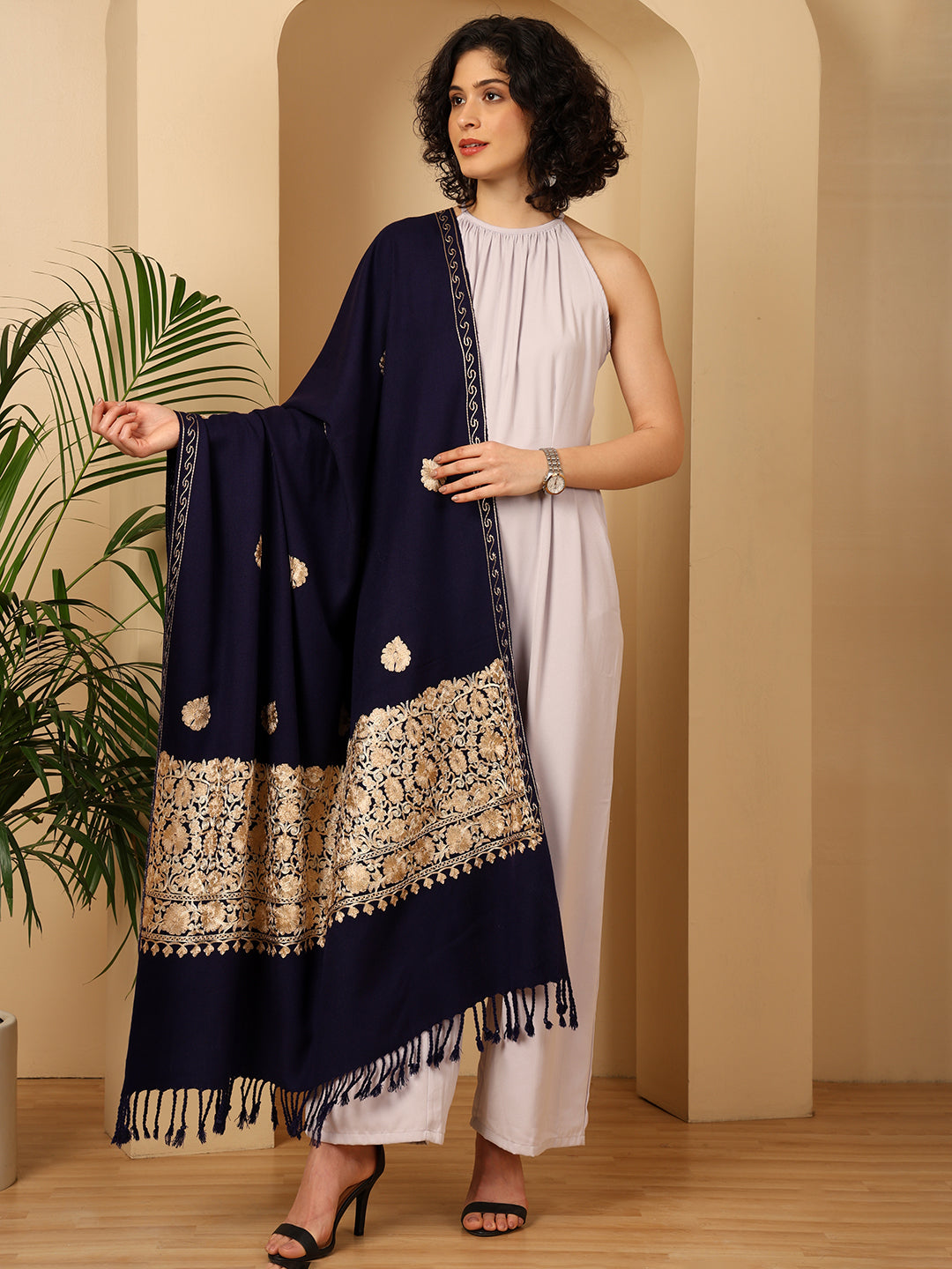 Tweedle Women’s Kashmiri Aari Embroidery Shawl / Stole - Navy Blue, Size - 40 x 80 inches