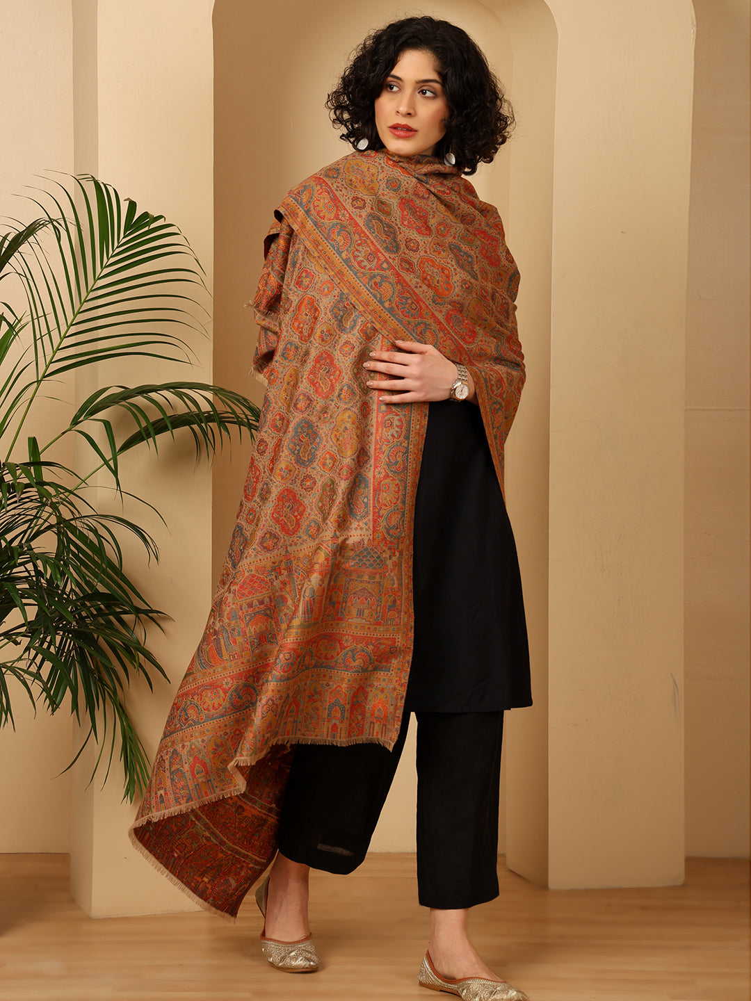 Tweedle Wool Blend Kani Shawl for Women – Beige, Size – 40x80