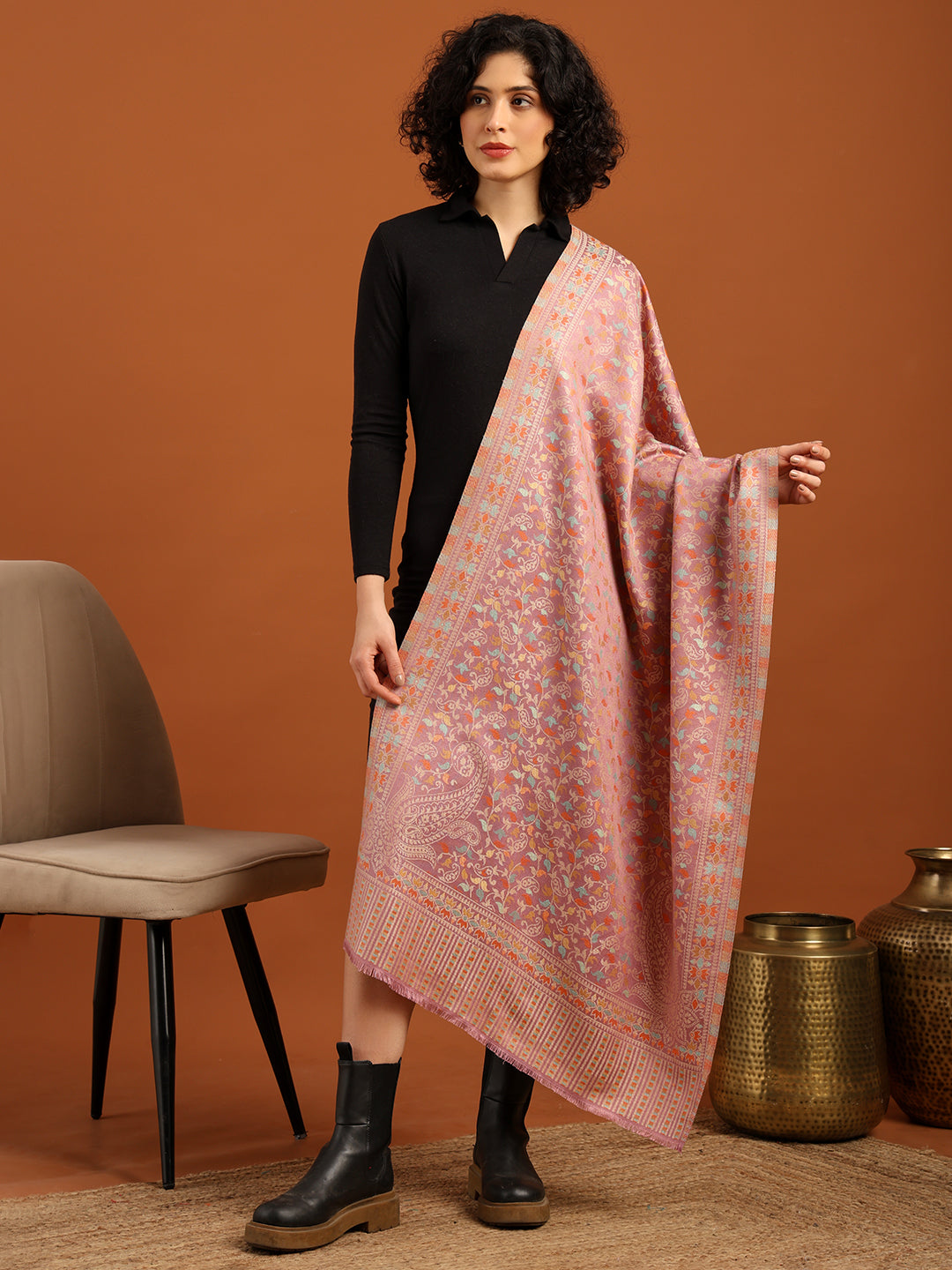 Tweedle Women’s Ethnic Kashmiri Kani Stole/ Scarf- Pink, Size - 28 x 80 inches