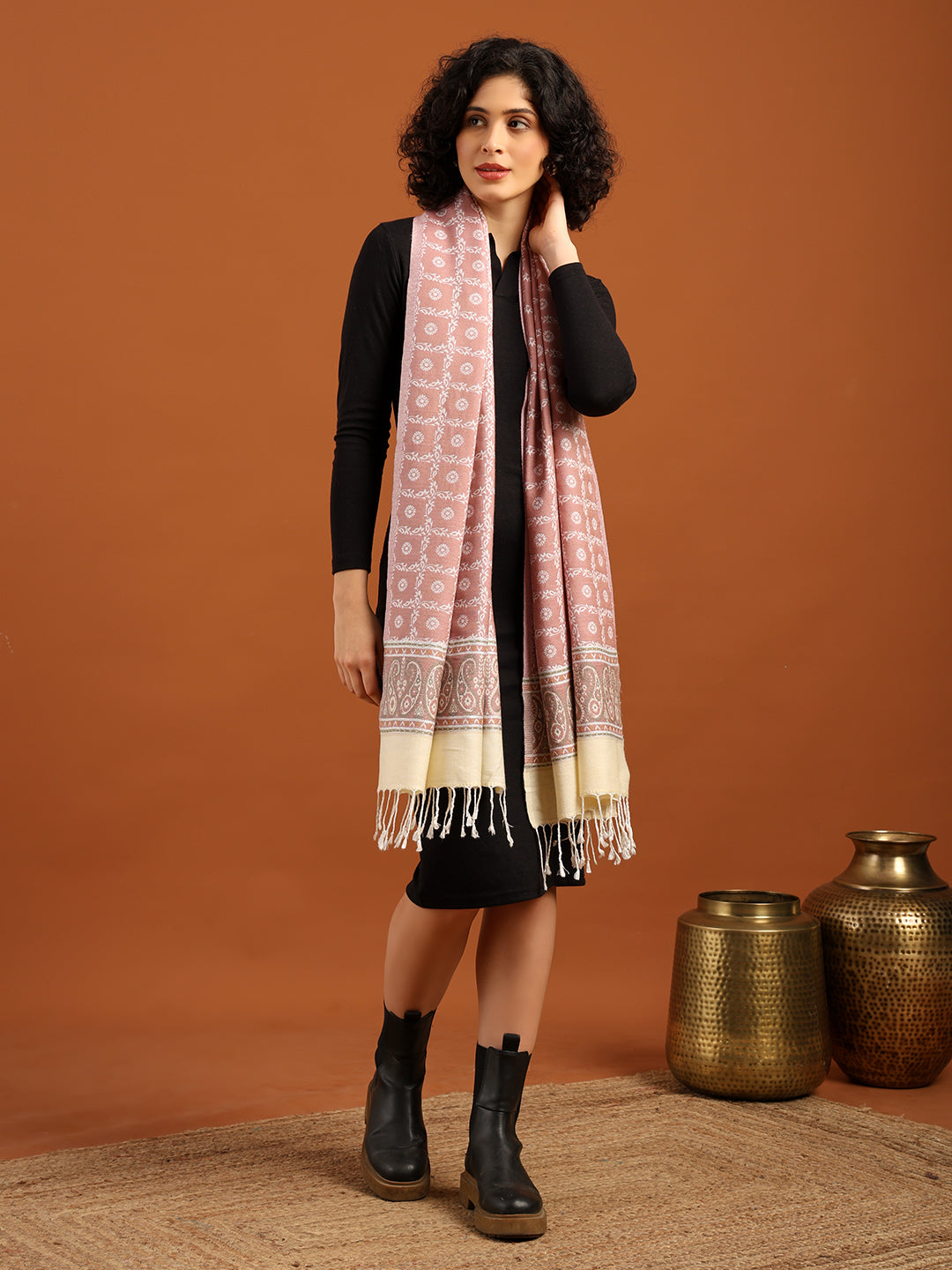 Reversible, Floral Design Blended Wool Stole for Women – Pink