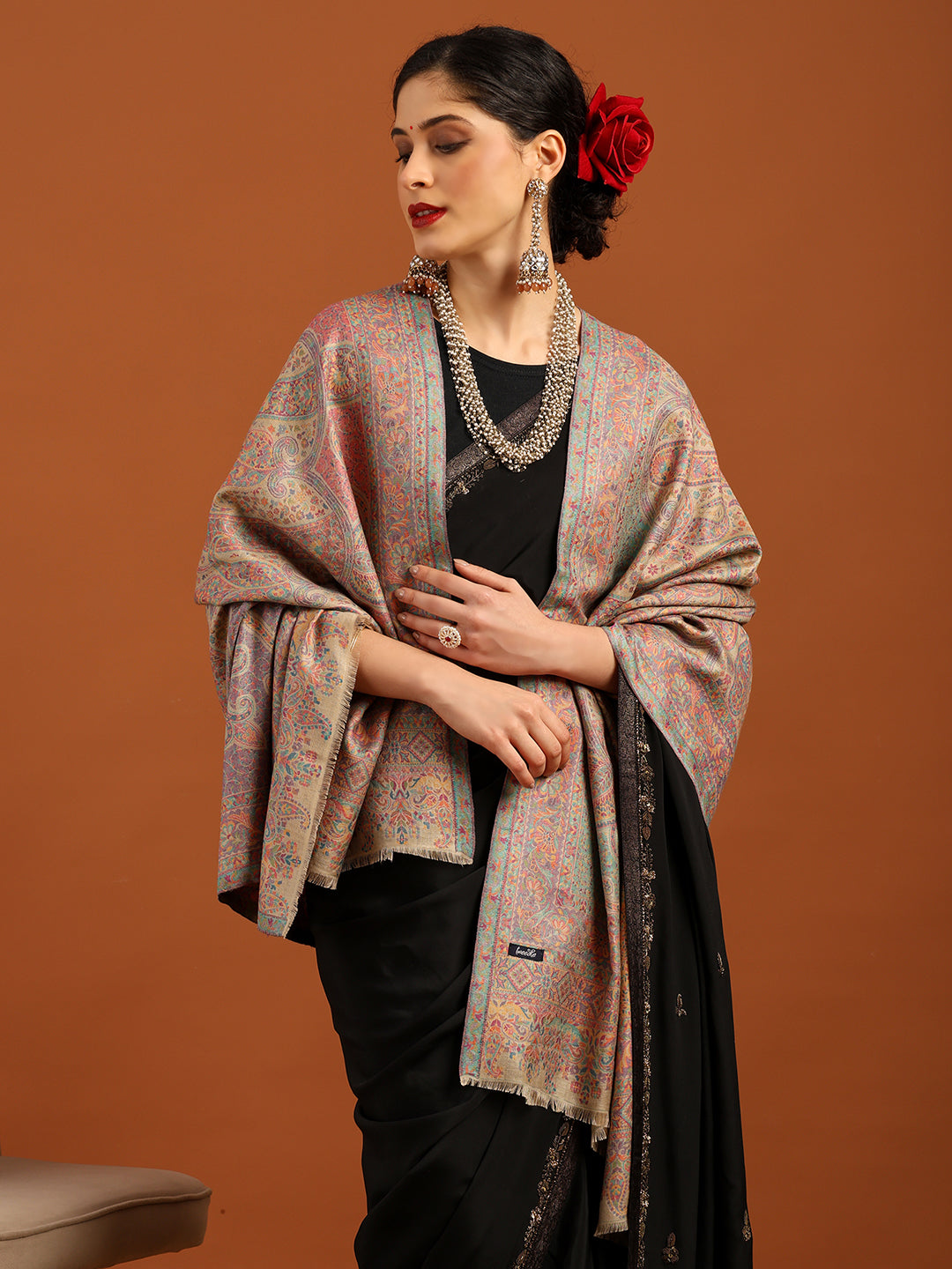 Tweedle Women’s Ruhani Kashmiri Kani Shawl - Beige, 40 x 80 inch