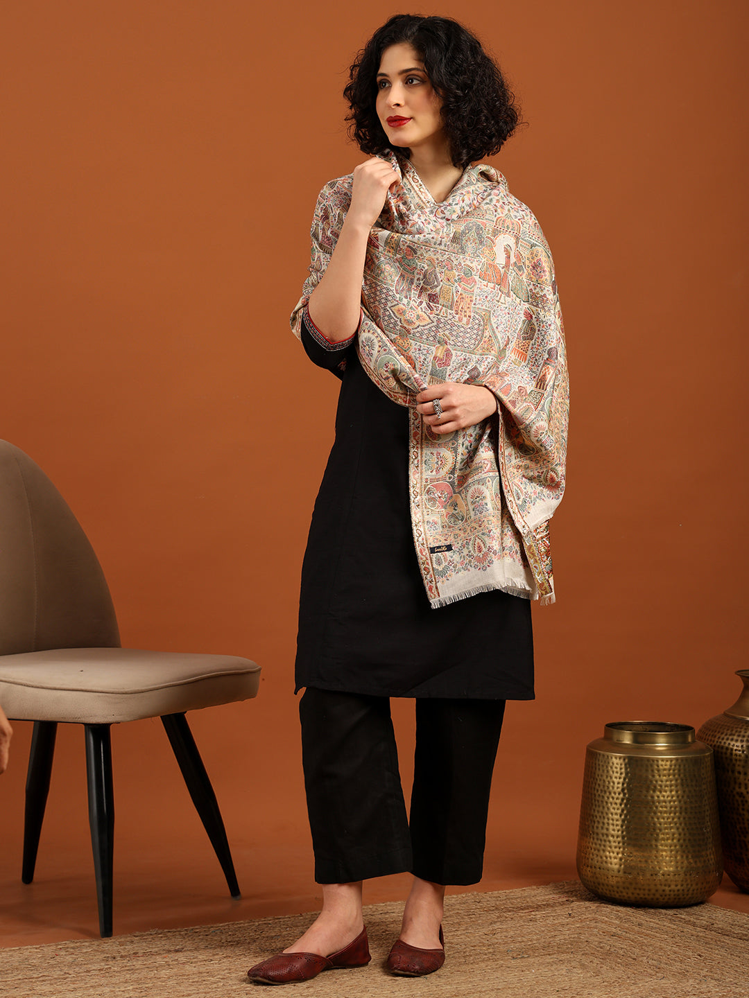 Tweedle Women’s Zari Weave, Darbar Design, Soft Bamboo Stole - White