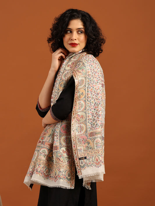 Tweedle Women’s Zari Weave, Darbar Design, Soft Bamboo Stole - White