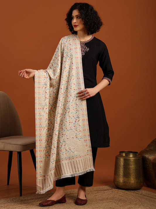 Tweedle Women’s Ethnic Kashmiri Kani Stole/ Scarf- White, Size - 28 x 80 inches