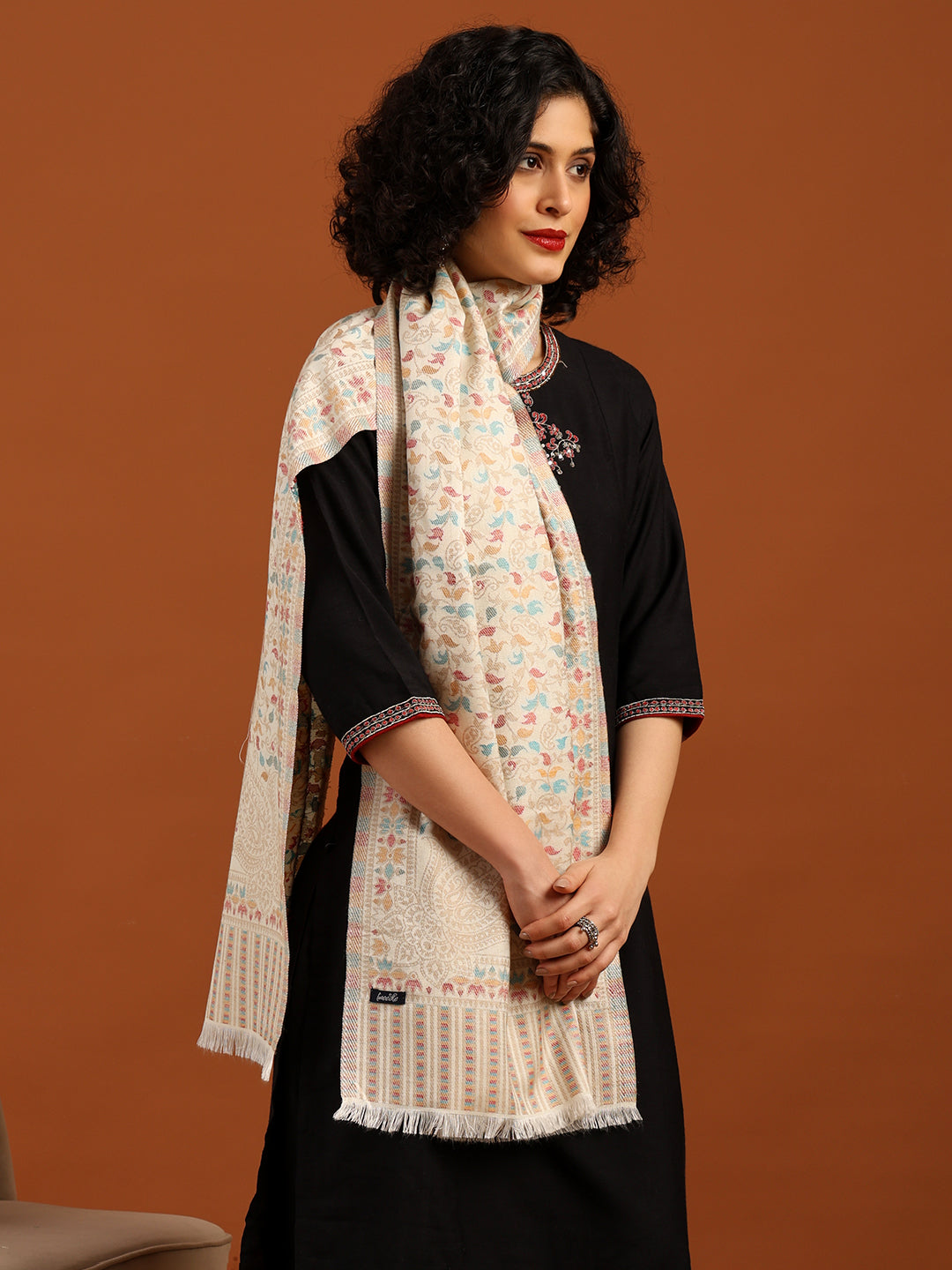 Tweedle Women’s Ethnic Kashmiri Kani Stole/ Scarf- White, Size - 28 x 80 inches