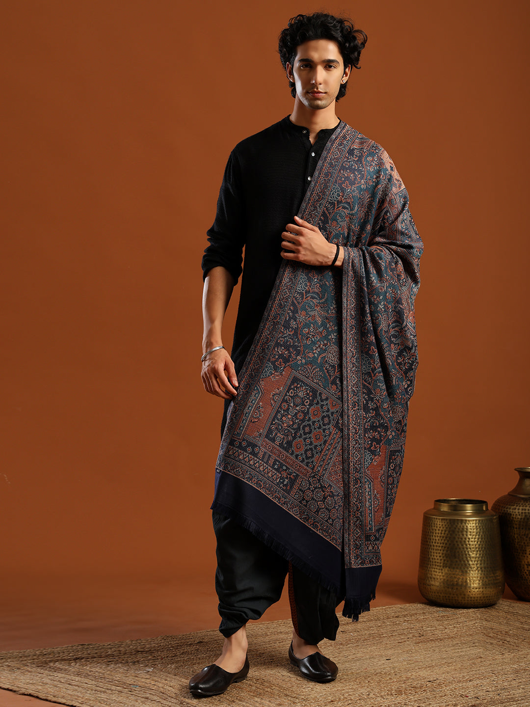 Tweedle Men’s Jamawar Shawl, Faux Pashmina - Blue, Size 40 x 80 inches