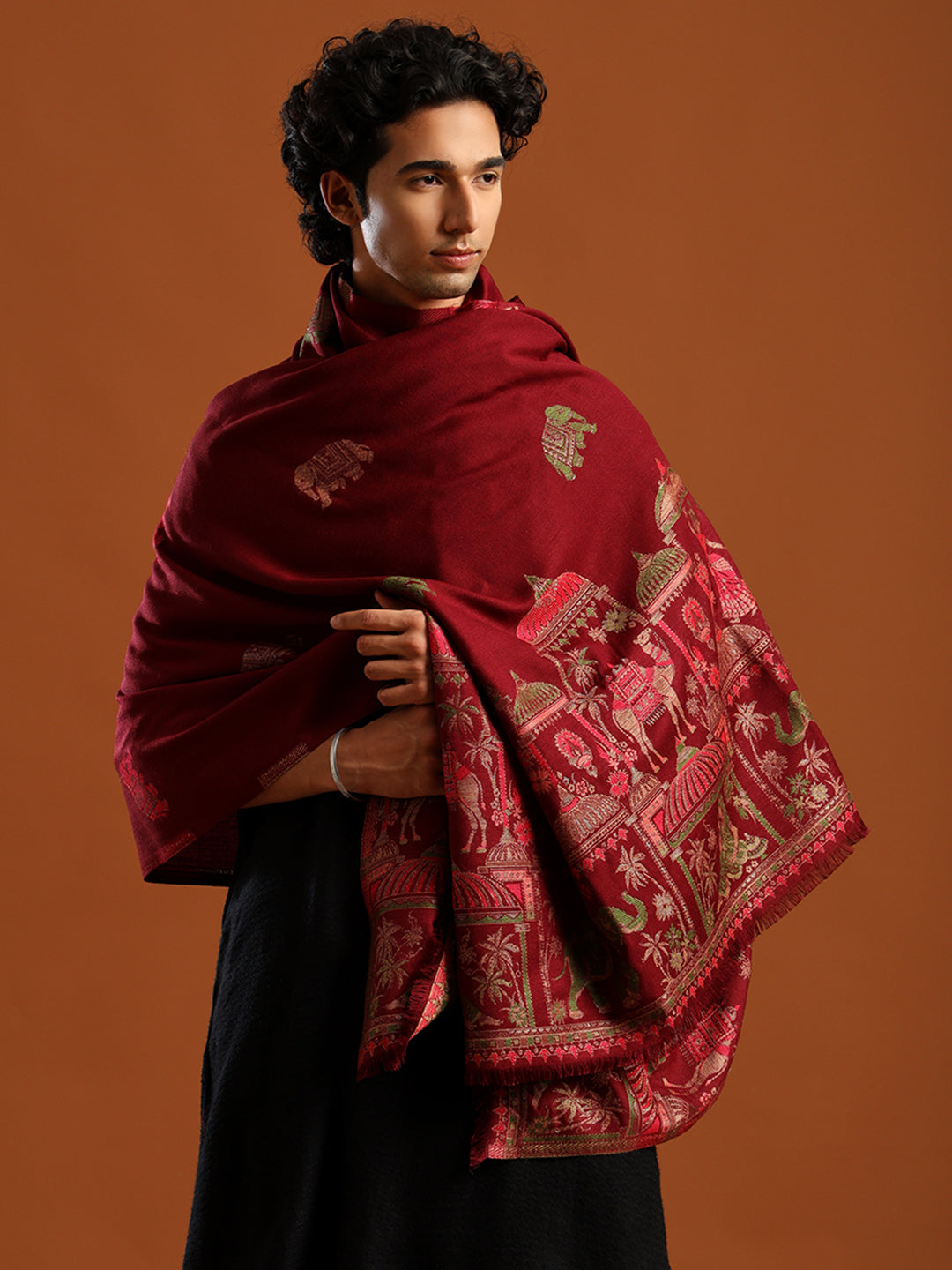 Tweedle Men’s Mahotsav Ethnic Design Zari Shawl, Faux Wool - Maroon, Size - 40 x 80 inches