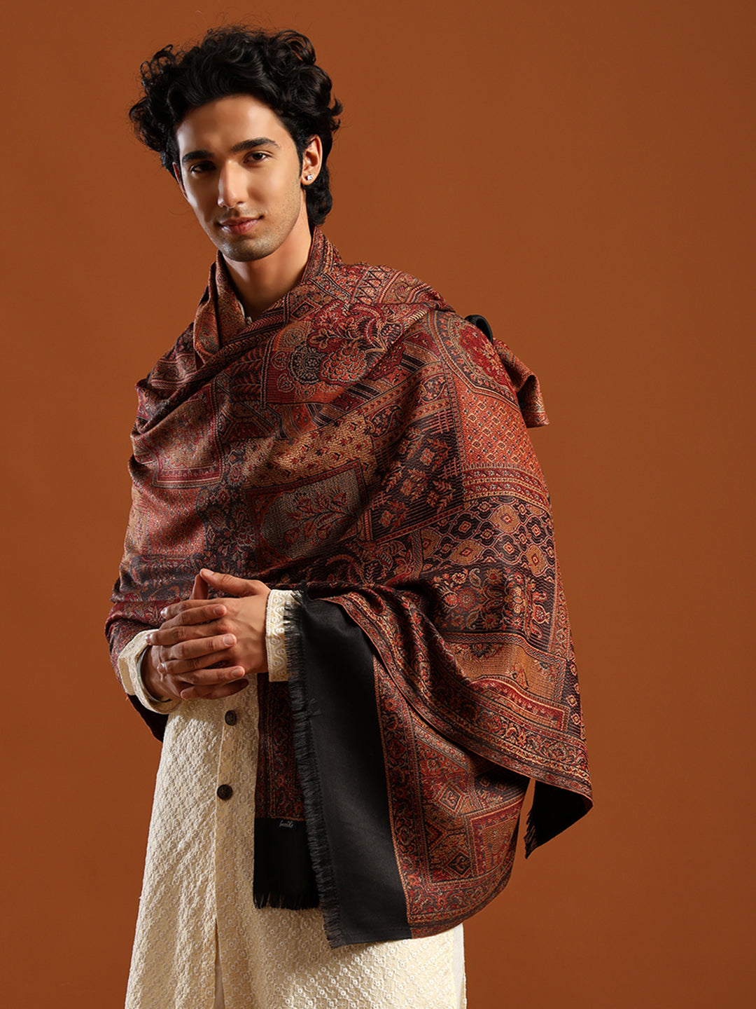 Tweedle Men’s Jamawar Shawl, Faux Pashmina - Black, Size 40 x 80 inches