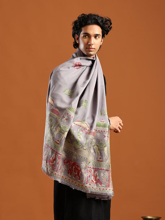 Tweedle Men’s Mahotsav Ethnic Design Zari Shawl, Faux Wool - Grey, Size - 40 x 80 inches