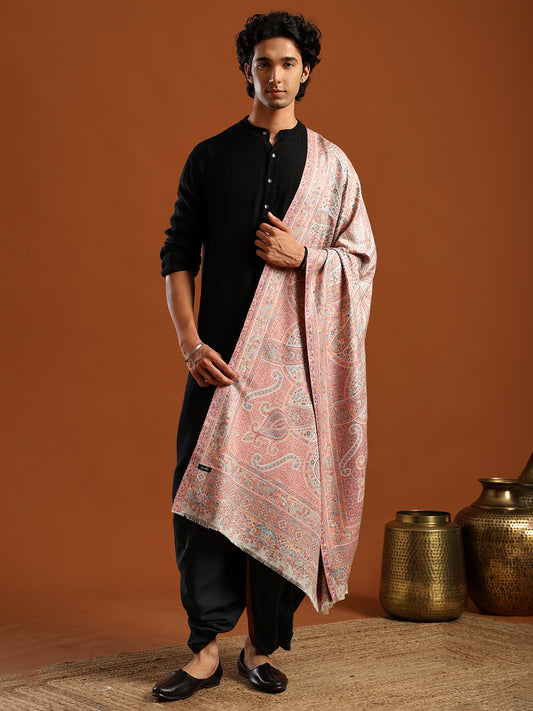 Tweedle Men’s Ruhani Kashmiri Kani Shawl - White, 40 x 80 inch