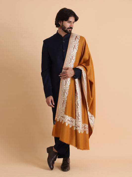 tweedle Kashmiri Aari Embroidery Shawl for Men - Mustard (40 x 80 inches)