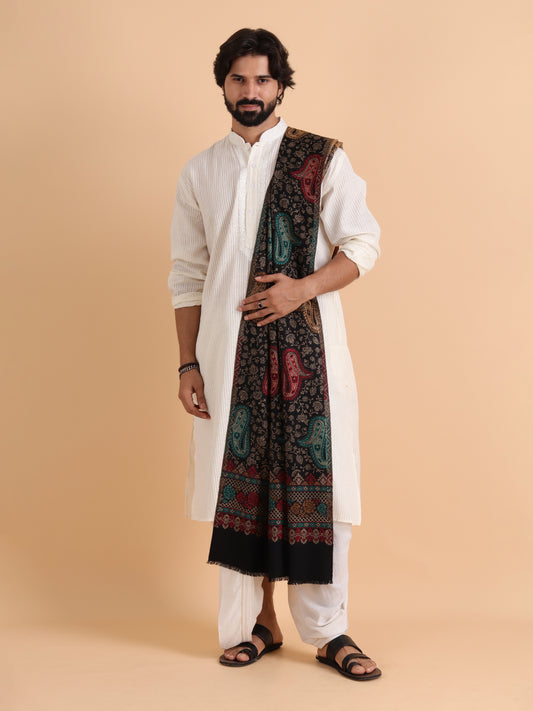 Ethnic Paisley Design Stole with Fringed Edges - Black