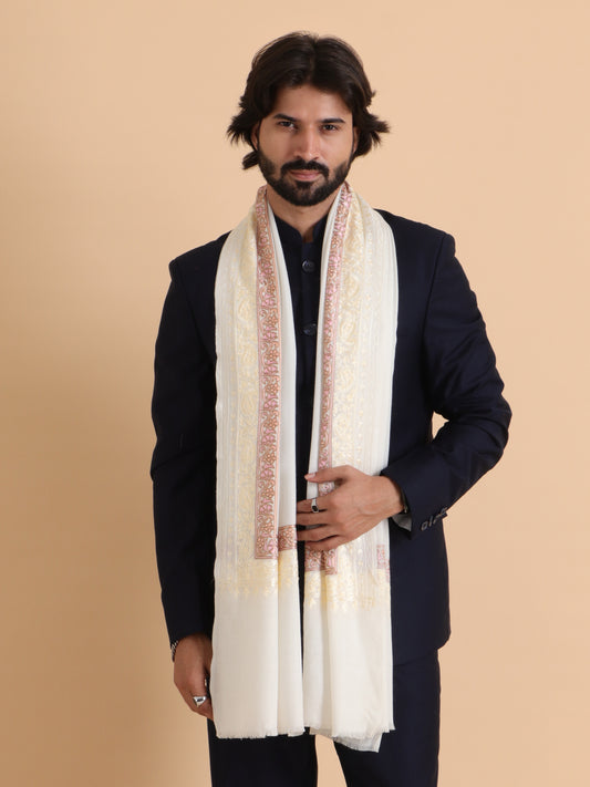 Tweedle Fine Wool Embroidered Stole/Scarf for Men -Off-White, Medium Size -28x80