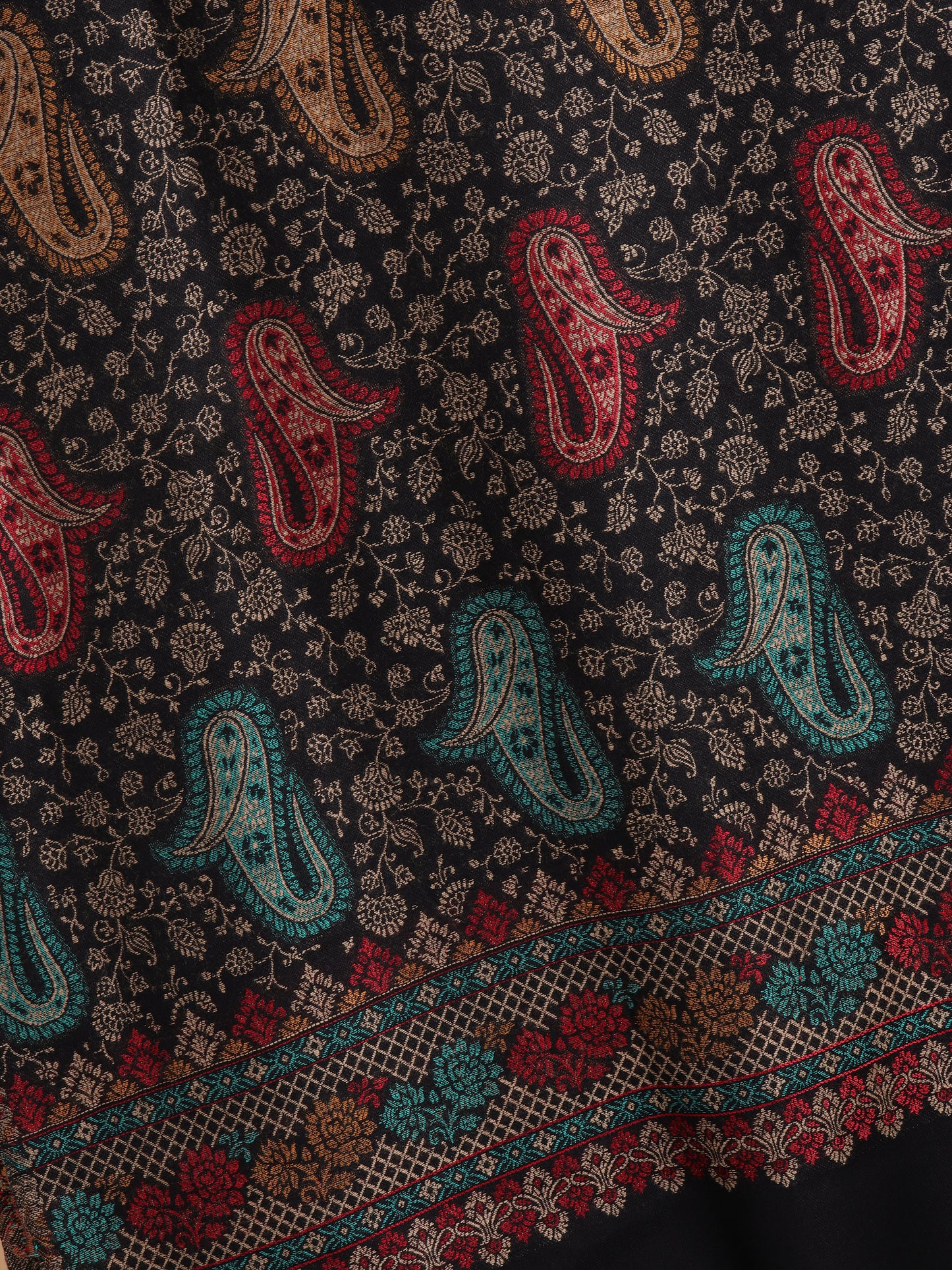 Ethnic Paisley Design Stole with Fringed Edges - Black