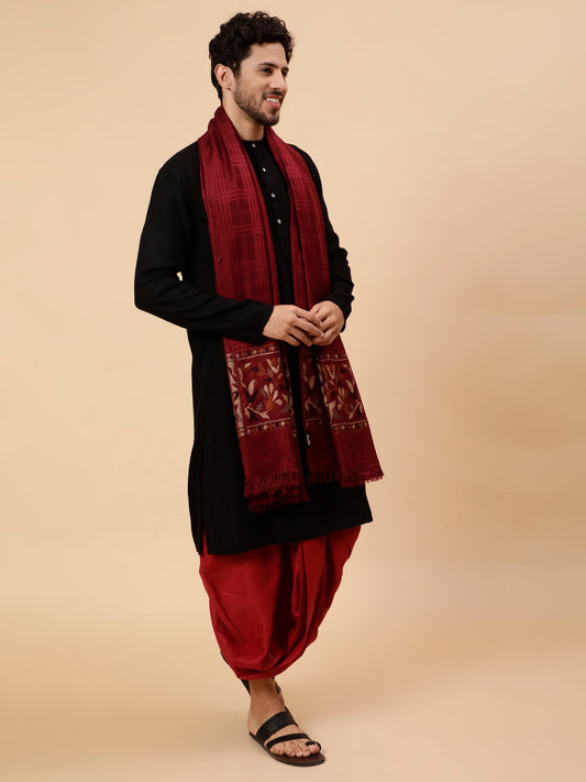 Geometrical Fusion Design Woven Shawl - Wine