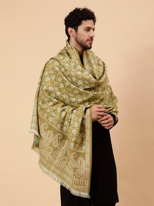 Double Sided Acro Wool Jacquard Shawl - Yellow Green