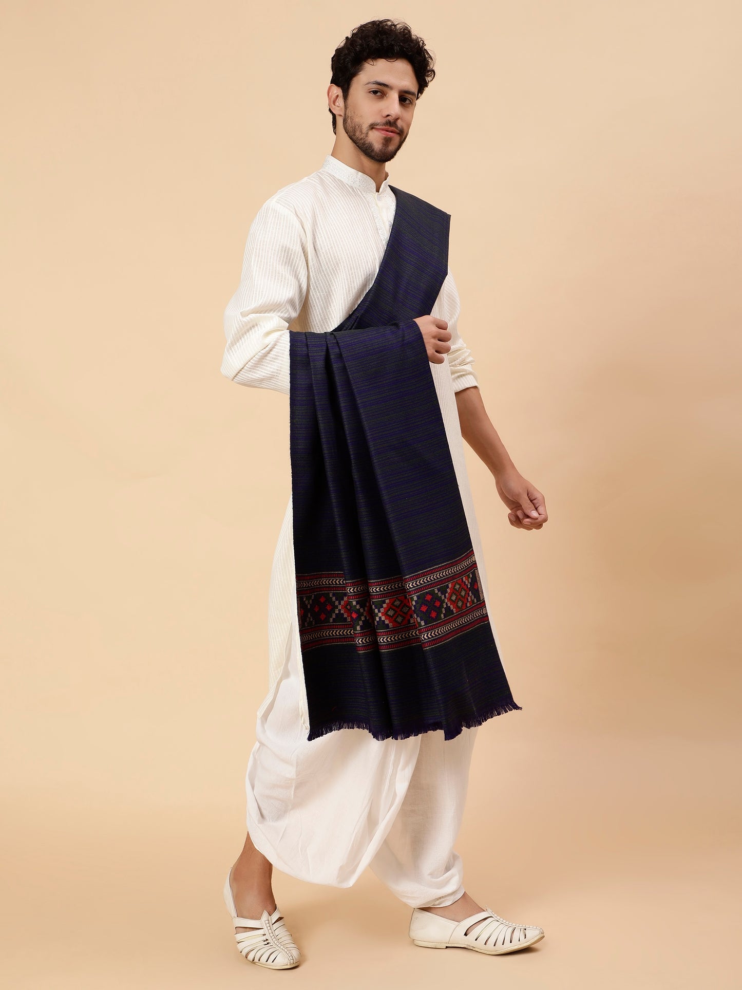 Ethnic Kullu Shawl for Men, Traditional Himachali Design with Tribal Motifs - Dark Blue (40x80)