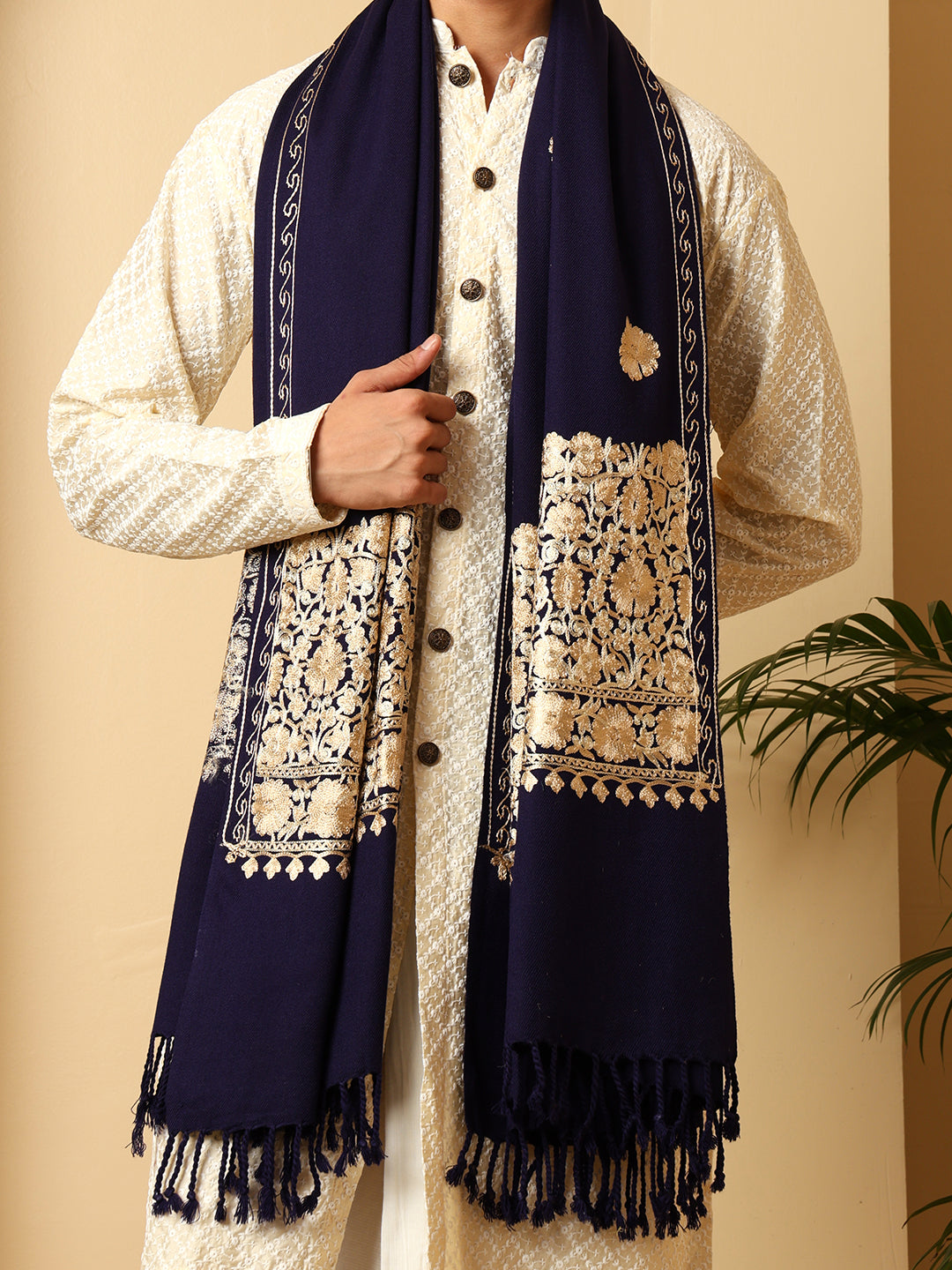 Tweedle Men’s Kashmiri Aari Embroidery Shawl / Stole - Navy Blue, Size - 40 x 80 inches
