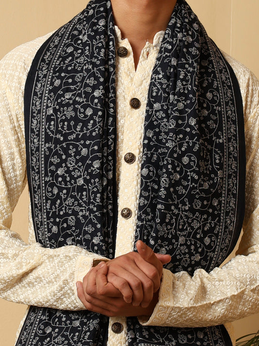 Tweedle Traditional Pure Wool Dupehra Kashmiri Embroidery Shawl for Men - Navy Blue