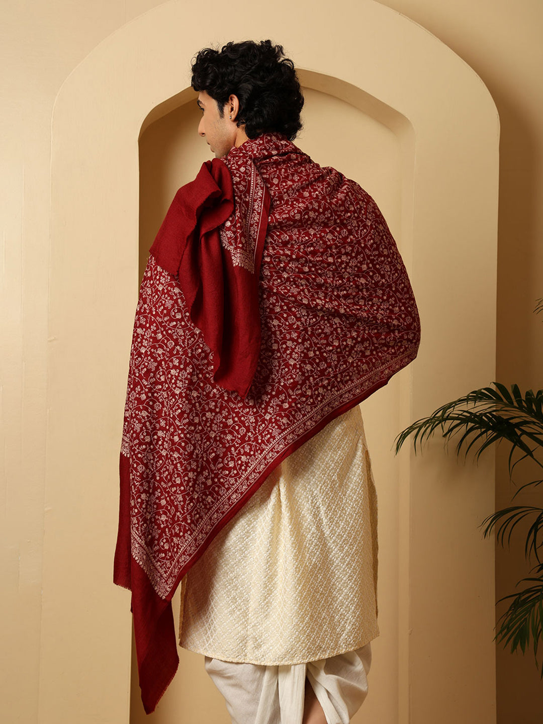 Tweedle Traditional Pure Wool Dupehra Kashmiri Embroidery Shawl for Men - Maroon