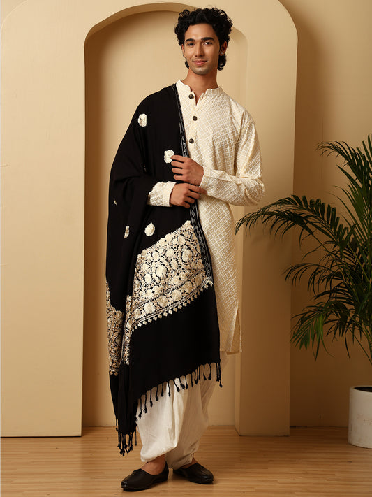Tweedle Men’s Kashmiri Aari Embroidery Shawl / Stole - Black, Size - 40 x 80 inches