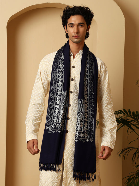 Tweedle Men’s Kashmiri Aari Embroidery Stole/ Scarf - Navy Blue, Size - 28 x 80 inches