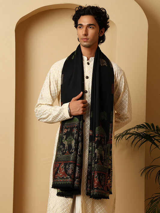 Tweedle Men’s Mahotsav Ethnic Design Zari Shawl, Faux Wool - Black, Size - 40 x 80 inches