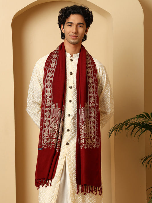 Tweedle Men’s Kashmiri Aari Embroidery Stole/ Scarf - Maroon , Size - 28 x 80 inches
