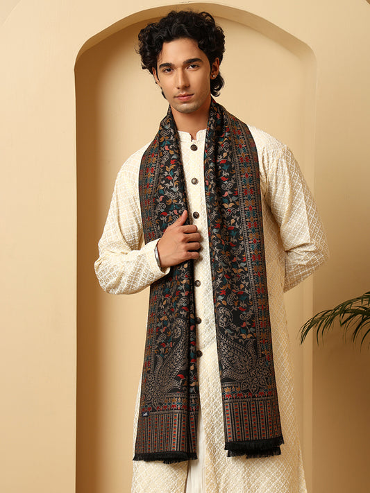 Tweedle Men’s Ethnic Kashmiri Kani Stole/ Scarf- Black, Size - 28 x 80 inches