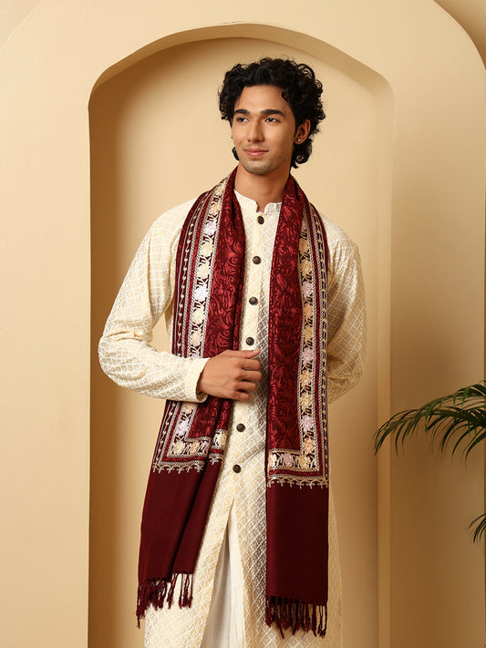 tweedle Men’s Kashmiri Aari Embroidery Stole - Wine, Size - 28 x 80 inches