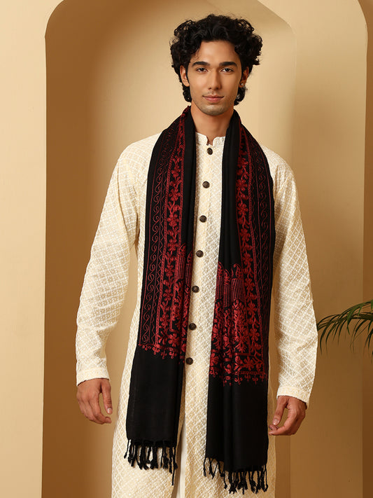 Tweedle Men’s Kashmiri Aari Embroidery Stole/ Scarf - Black, Size - 28 x 80 inches