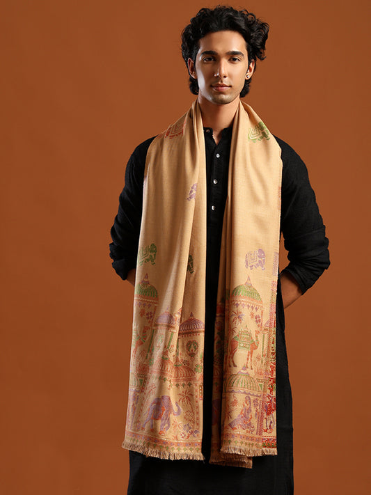 Tweedle Men’s Mahotsav Ethnic Design Zari Shawl, Faux Wool - Beige, Size - 40 x 80 inches