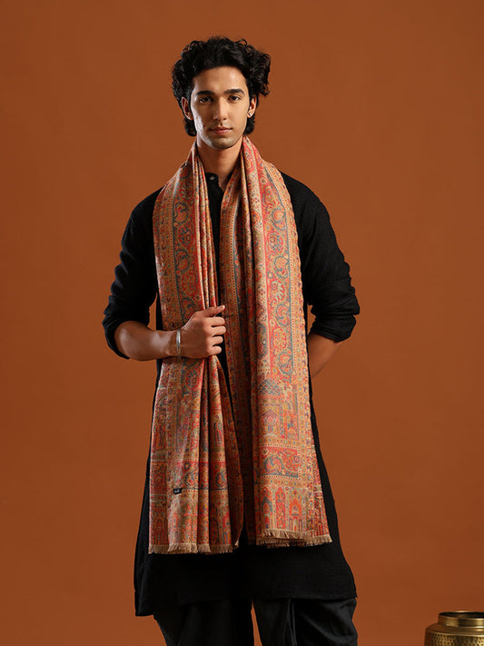 Tweedle Wool Blend Kani Shawl for Men – Beige, Size – 40x80