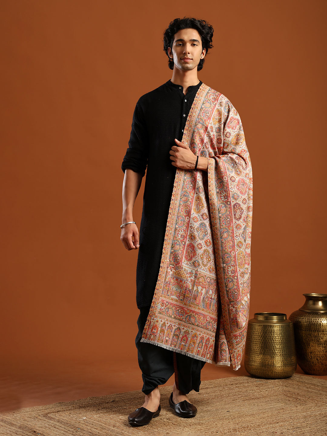 Tweedle Wool Blend Kani Shawl for Men – White, Size – 40x80