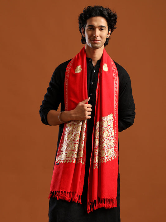 Tweedle Men’s Kashmiri Aari Embroidery Shawl / Stole - Red, Size - 40 x 80 inches