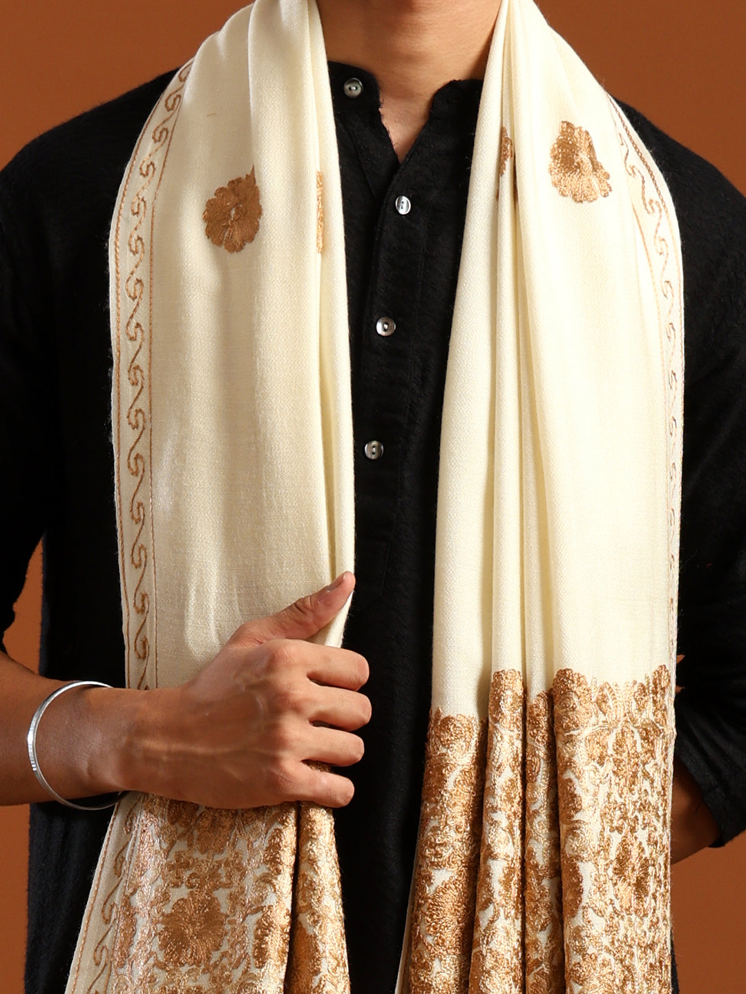 Tweedle Men’s Kashmiri Aari Embroidery Shawl / Stole - Off-White, Size - 40 x 80 inches