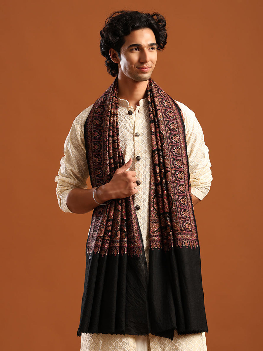 Tweedle Men’s Pure Wool Sozni Embroidery Jama Shawl - Black, Size - 40x80