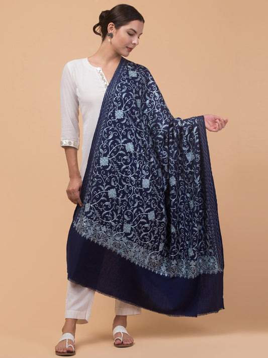 tweedle Kashmiri Aari Embroidery Shawl for Women - Navy Blue (40 x 80 inches)